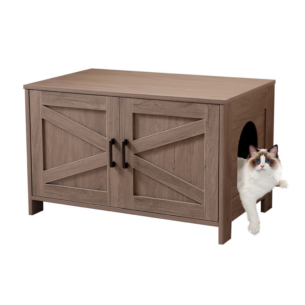 Cat Litter Box Enclosure, Litter Box Furniture Hidden With Barn Door, Wooden Cat Washroom Furniture, Cat House, End Table, Fit Most Of Litter Box, G_voghion.com
