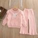 Set aus Boho-Strickpullover und Schlaghose für Mädchen – Koreanischer Stil, 3–8 Jahre (90–130 cm), weiche Polyestermischung, Schleifen- und Blumenakzente, Beige/Pink/Khaki_voghion.com