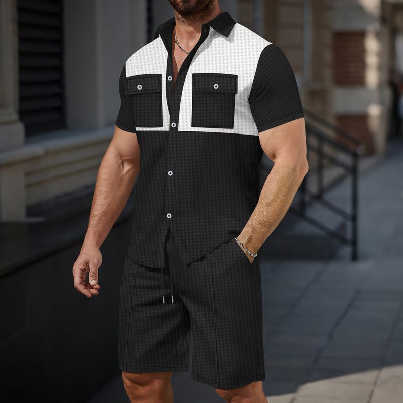 Novo cardigan masculino com bolso duplo e botões, cor combinando, manga curta, camisa e shorts, terno casual_voghion.com