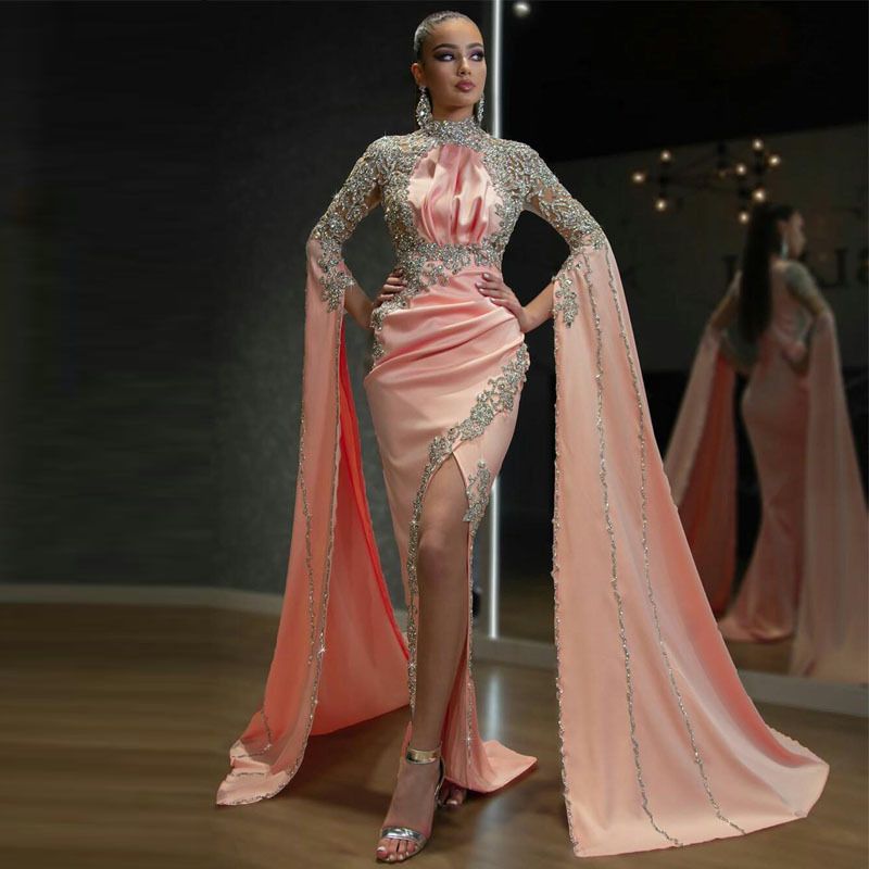 Damenkleid hoher Kragen Langarm langer Rock Schlitz unregelmäßiges Abendkleid_voghion.com