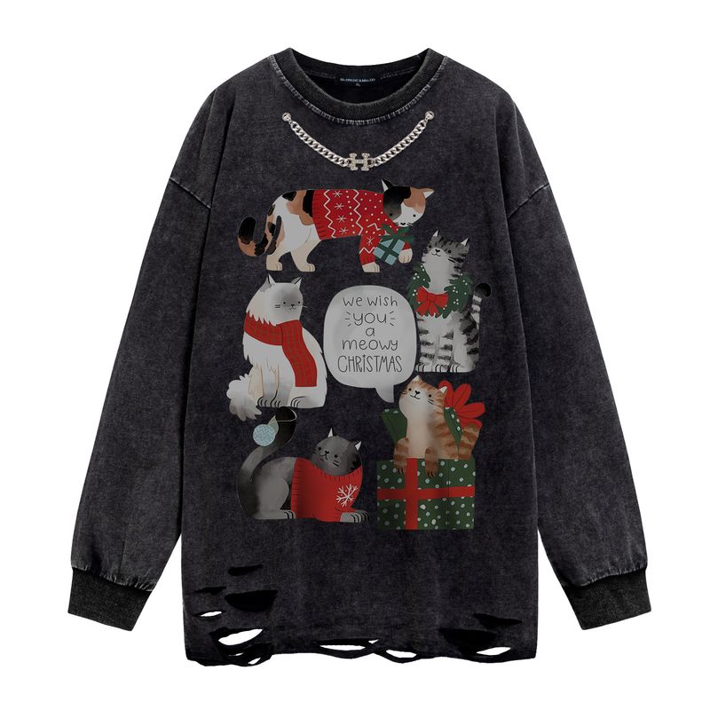 Herrenbekleidung Tun Sie altes Waschwasser schwarz Weihnachtskätzchen-Druckdesign Sinn für lässige, lockere Langarmshirts für Männer und Frauen gleichermaßen_voghion.com
