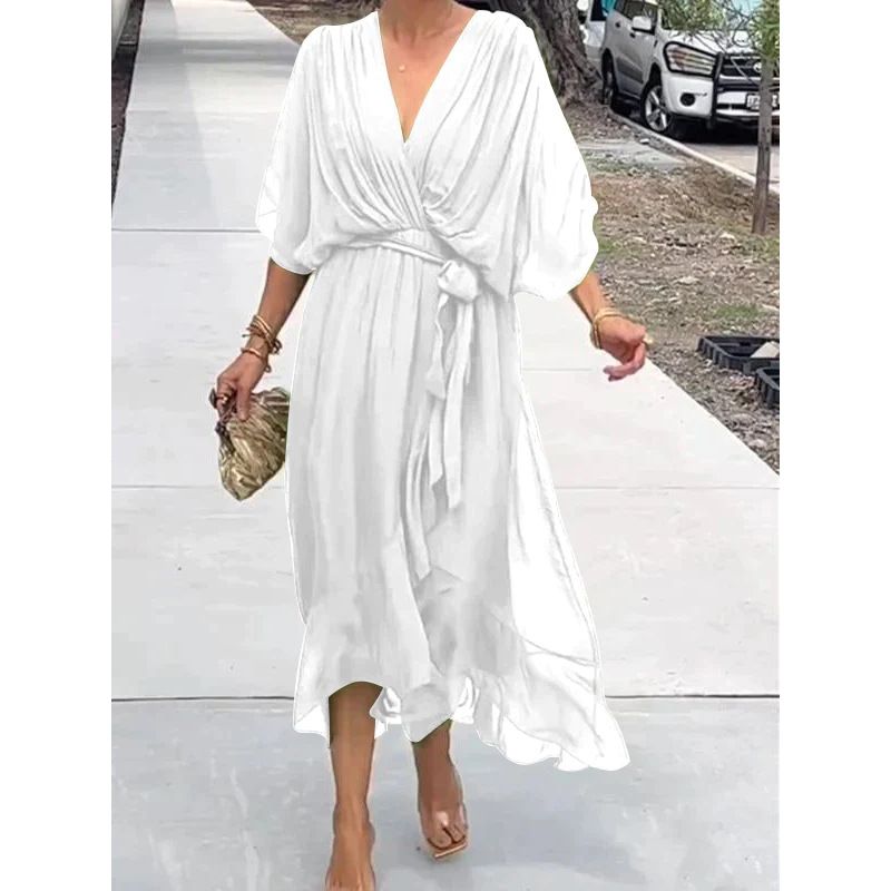 Elegante Chiffon-Partykleider für Frauen, sexy V-Ausschnitt, Fledermausärmel, Schnürung, Rüschen, unregelmäßiges langes Kleid, lässige Robe Femme_voghion.com
