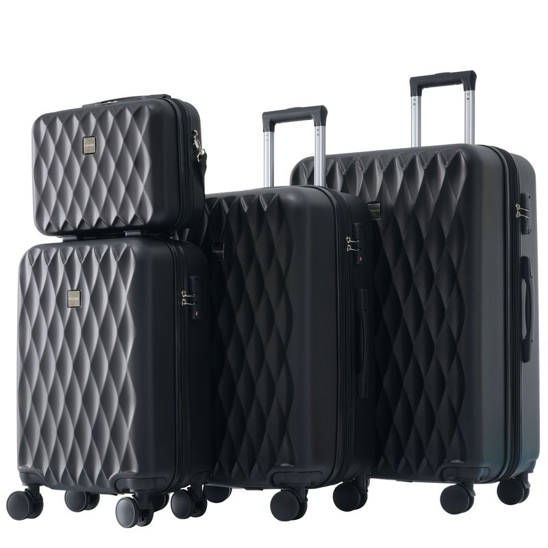 Koffer-Set, S-M-L-XL-Set, Gepäck Mit Kosmetiktasche, Hartschalen-Koffer, Rollkoffer, Reisekoffer, Handgepäck 4 Rollen, ABS-Material, TSA Zollschloss, Schwarz_voghion.com
