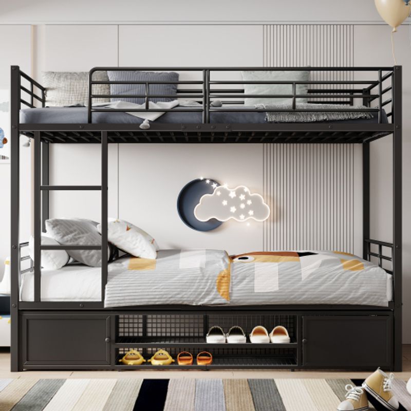 Eisenrahmenbett, Etagenbett, Offener Schuhschrank, Doppeltüriger Kleiner Lagerschrank, Geeignet Für Kinder Und Jugendliche, Mit Seitenleiter, Mit Fallschutzgitter, Eisen, Schwarz, 90x200cm_voghion.com