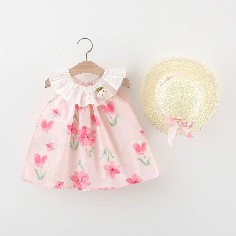 Babykjole Til Jente Ruffet Krage Blomstertrykt Rosa Kjole Til 0-4 år Barn Send Hat_voghion.com