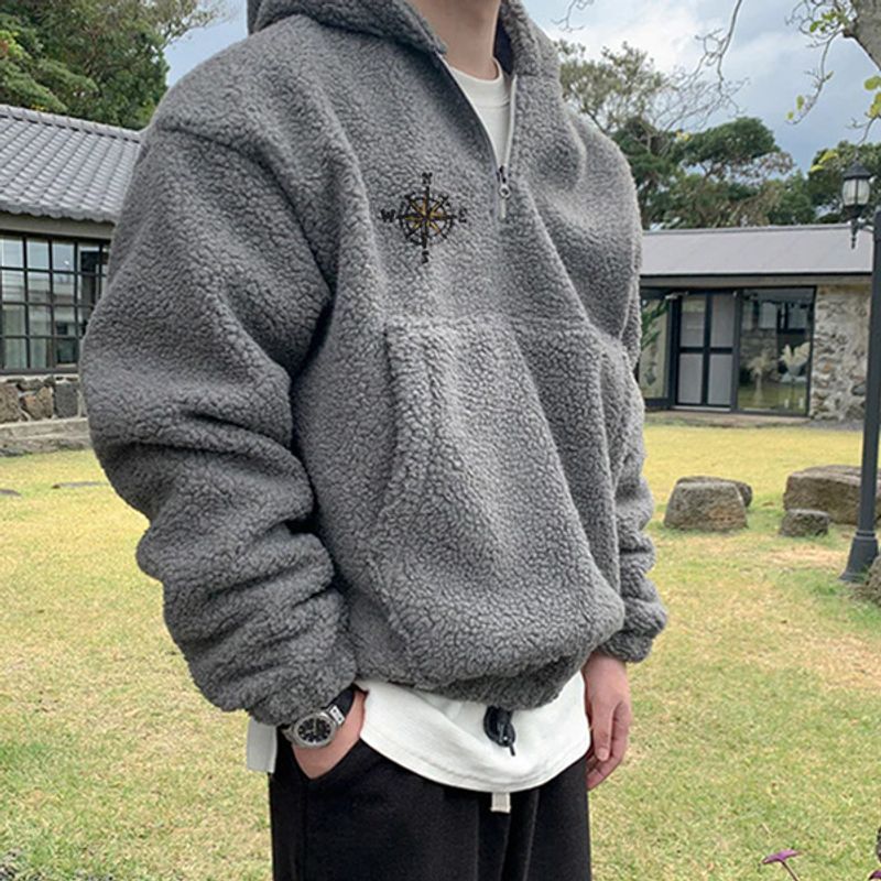 Ny avslappnad tryckt förtjockad tröja herr polar fleece dragkedja topp huvjacka_voghion.com