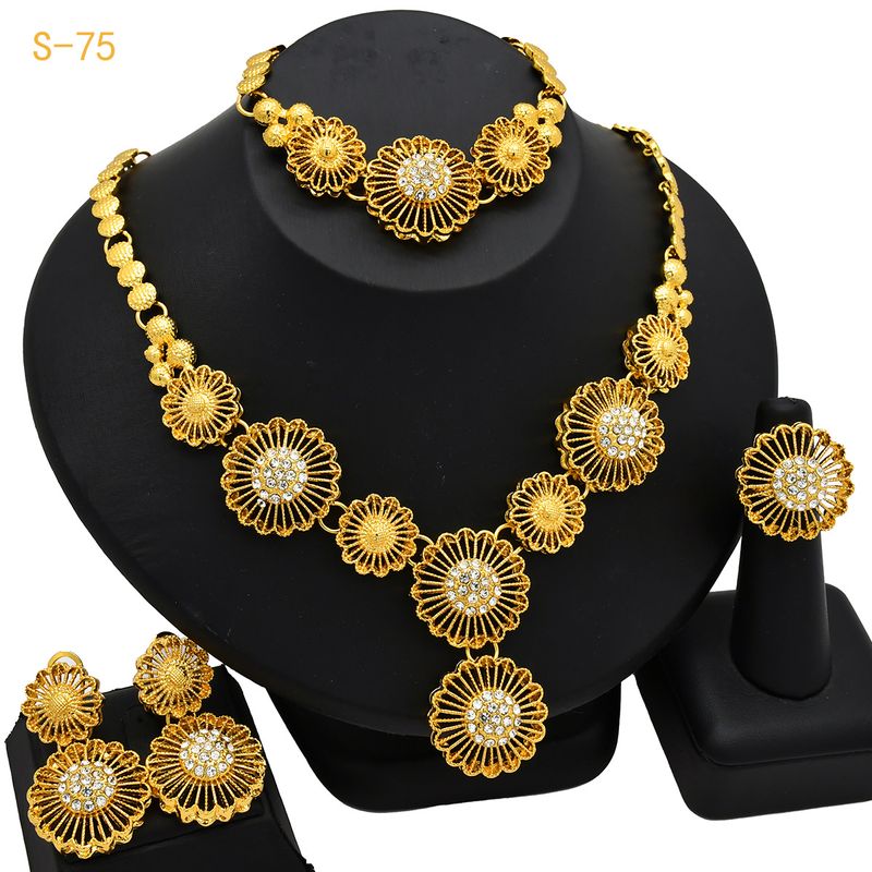 Anéis de ouro Dubai Saudita joias femininas indianas noiva casamento colar brincos anel pulseira conjunto de quatro peças de joias_voghion.com