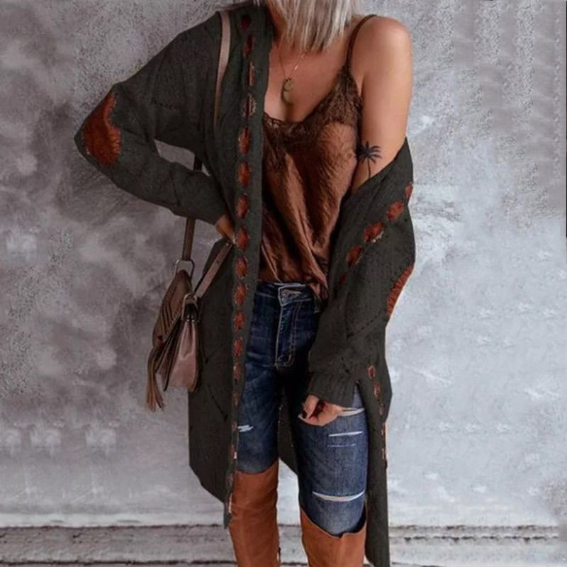 Damenbekleidung, Pullover, Damen-Kapuzenpullover, Farbblock-Pullover, langärmeliger, mittellanger Mantel_voghion.com