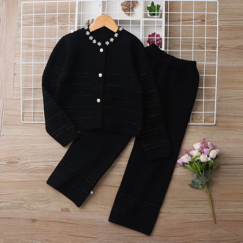 Mother & Kids Knit Sweater And Pants Set - Soft Long Sleeve Two-Piece Outfit For Toddler Little Girls Elegant Letter Print Comfortable Polyester Blend_voghion.com