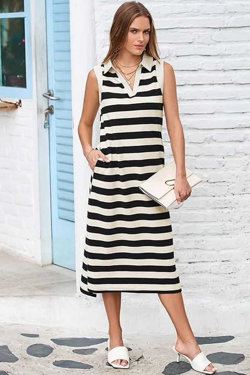 Summer Dress 2025 V Neck Sleeveless Striped Casual Loose Fit Midi Sundress With Pockets Blue Large_voghion.com