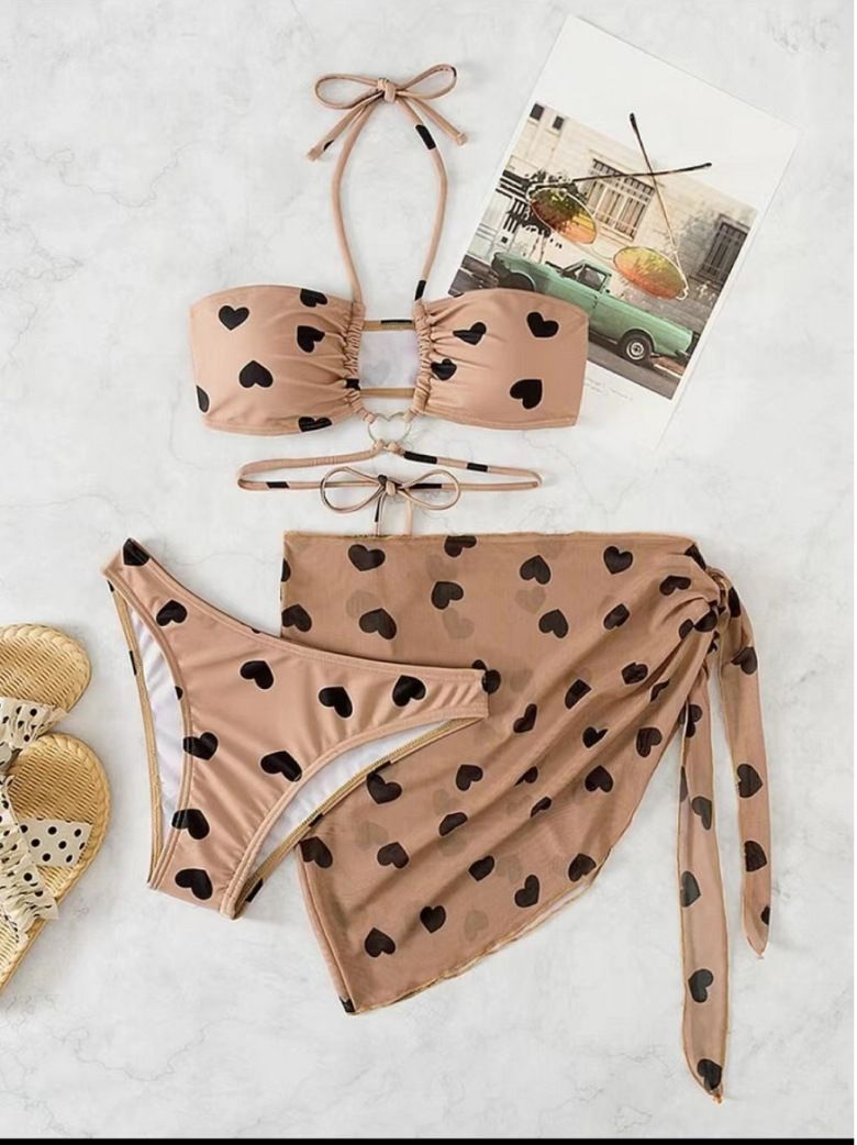 Three Piece Bikini Set Female Tight Sexy Heart Pattern Platform Swimsuit Women_voghion.com