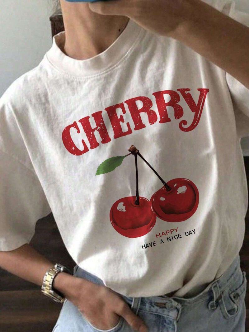 Lässiges, übergroßes, kurzärmliges T-Shirt mit Kirschdruck für Damen – Rundhals-T-Shirt aus weicher Baumwollmischung für den Sommer_voghion.com
