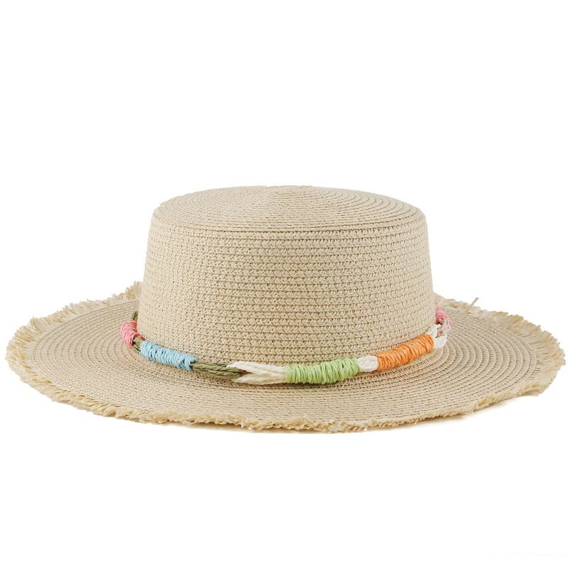 Foreign trade wholesale spring and summer women's flat-top tassel-edged straw hat Korean style yarmulke hat beach vacation sun hat_voghion.com