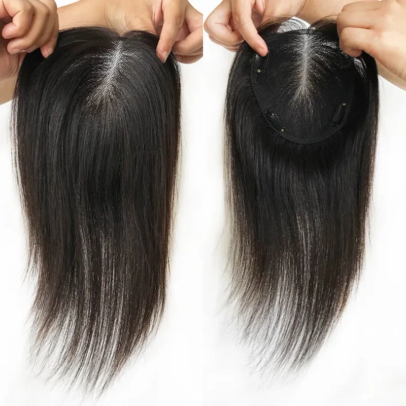 Swiss Lace Base Breathable Hair Topper Human Hair Hand Made Women Topper Hairpieces Clips Natural Black_voghion.com