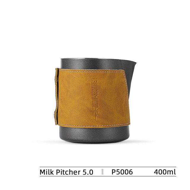 Brocca per schiumare il latte da 400 ml e 500 ml con fodero in pelle, strumento per l'arte del latte, brocca per schiuma di latte senza manico, accessori da cucina_voghion.com
