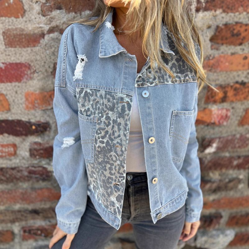 ​Women's Distressed Denim Jacket With Leopard Print Patchwork, Long Sleeve, Short Length, Loose Fit, Casual & Stylish Coat​_voghion.com