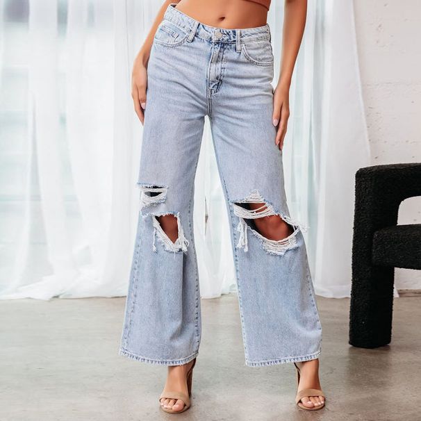 Kniezerrissene Jeans für Damen, hohe Taille, lange Hose mit weitem Bein, leicht verwaschene Freizeithose_voghion.com