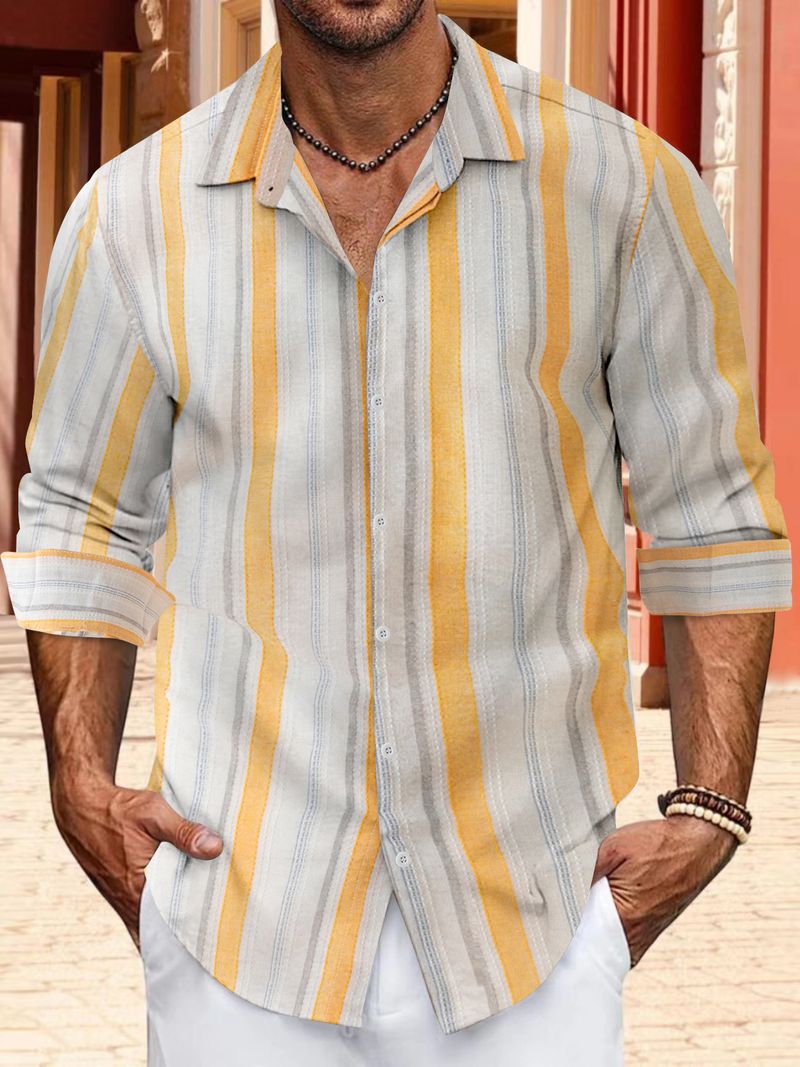Men's Clothing European And American Spring And Autumn Yarn Dyed Striped Cotton And Linen Button Men's Lapel Long Sleeved Shirt_voghion.com