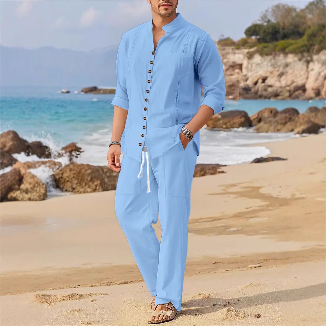 Herrenbekleidung Frühling und Herbst Mode Herrenhemd Lässig Lose Langarmhose Strandanzug_voghion.com