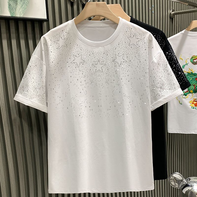 Teenage and guys brand light luxury men's T-shirt short sleeve star hot diamond net celebrity hot style high end niche half sleeved T-shirt_voghion.com
