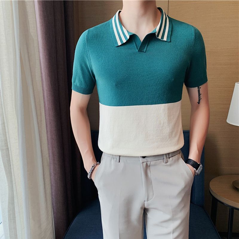 Polo da uomo in maglia, marchio alla moda, elegante, in seta ghiacciata, di alta qualità, a maniche corte, con cuciture sottili, scollo a V, mezza manica_voghion.com