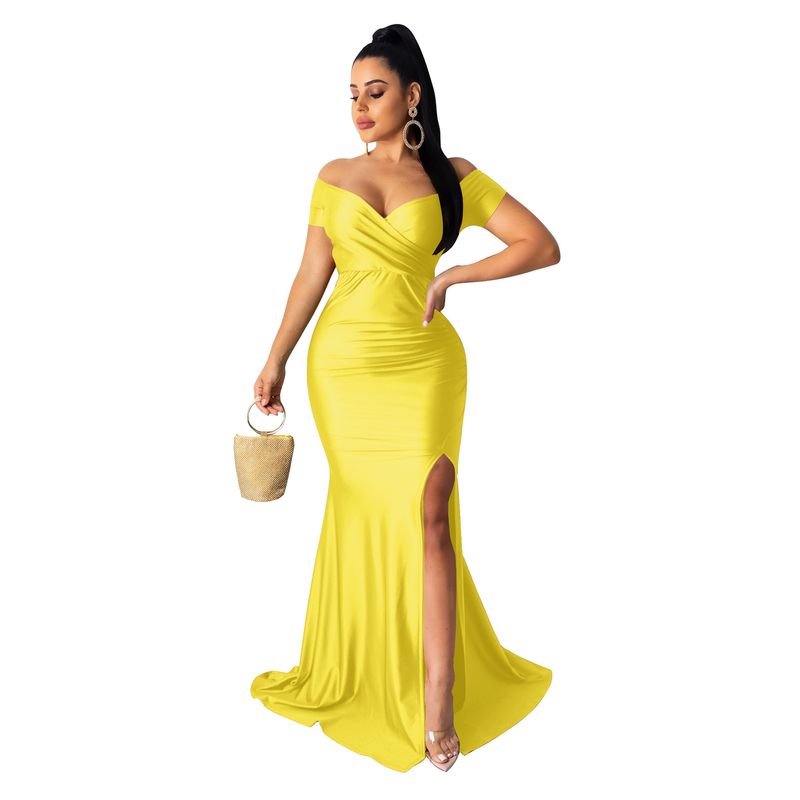 AL243 grenzüberschreitende europäische und amerikanische Mode sexy Kleid Nachtclub V-Ausschnitt Kleid einfarbig großer Schlitz langer Rock Frühling und Sommer kurze Ärmel_voghion.com