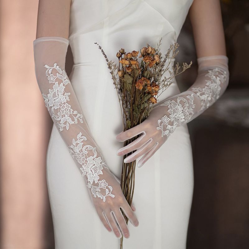 Guantes de boda unisex Elegante accesorio para vestido de novia largo con encaje de hada blanca_voghion.com