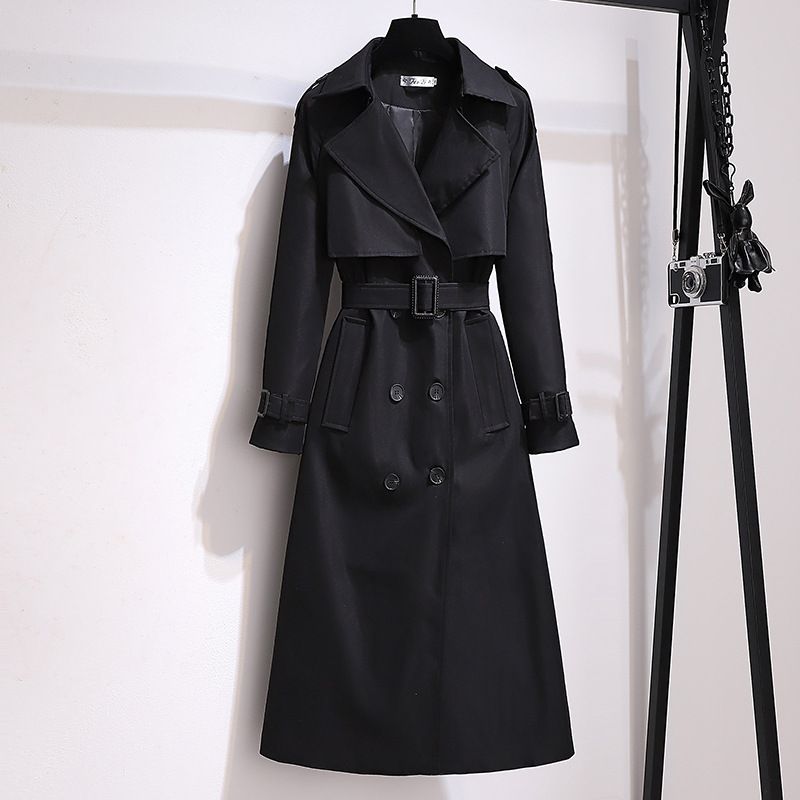 Trench lungo elegante da donna – Cappotto doppiopetto di media lunghezza con revers a lancia, misto cotone e lino_voghion.com