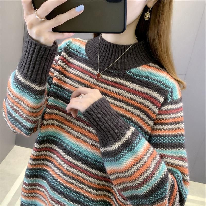 【 Cashmere Family 】 Lockerer und dicker Strickpullover für Damen mit halbhohem Kragen, gestreifter kurzer Wollbasis, Innenschicht_voghion.com