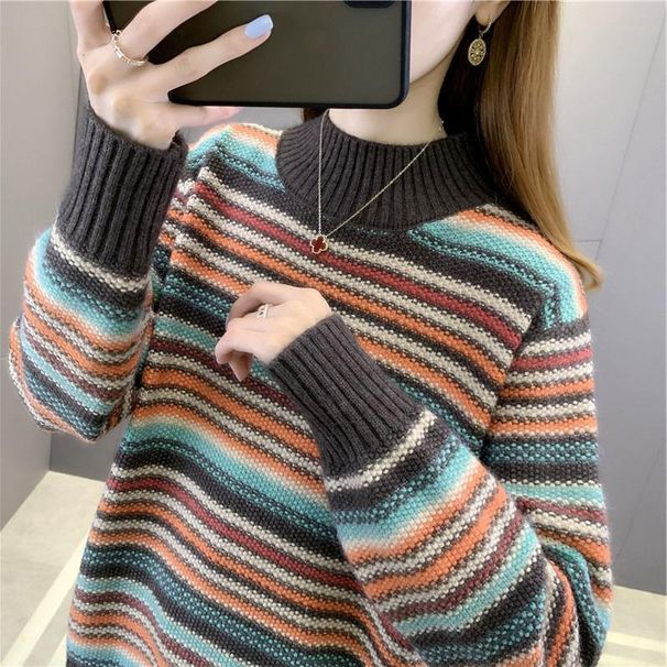 【 Cashmere Family 】 Lockerer und dicker Strickpullover für Damen mit halbhohem Kragen, gestreifter kurzer Wollbasis, Innenschicht_voghion.com
