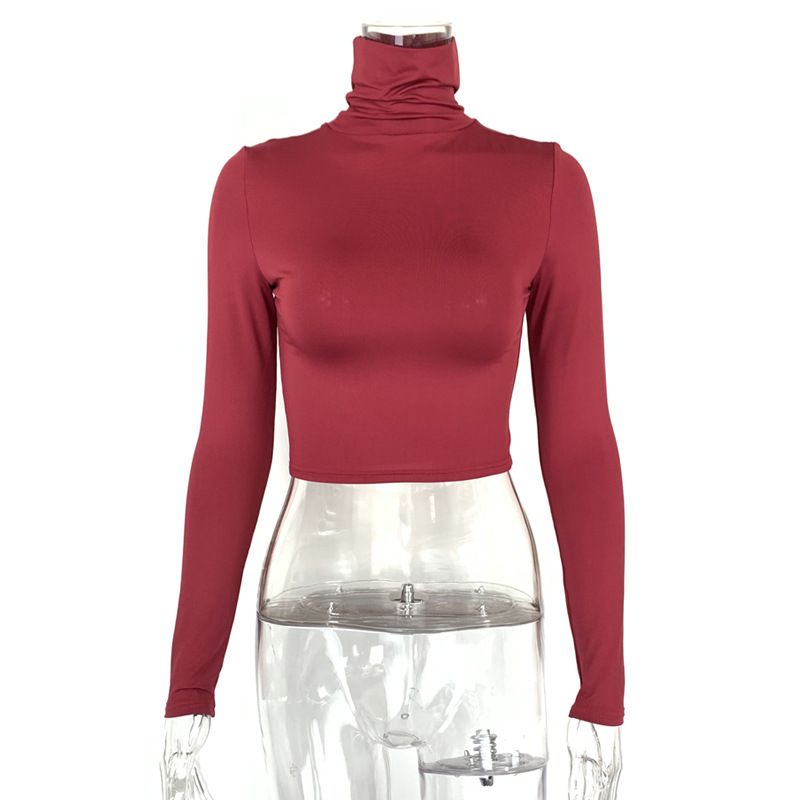 Women's Sexy Slim Neckless Bottom Long Sleeve High Neck Top_voghion.com