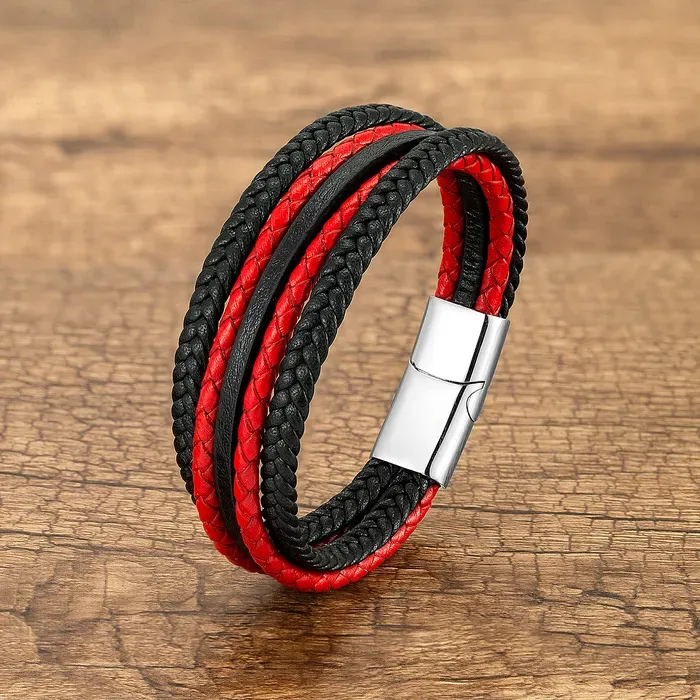 Black Red Multilayer HandWoven Leather Wrap Vintage Style Charm Mens Bracelets Bangles Male Gift Wristband Jewelry_voghion.com