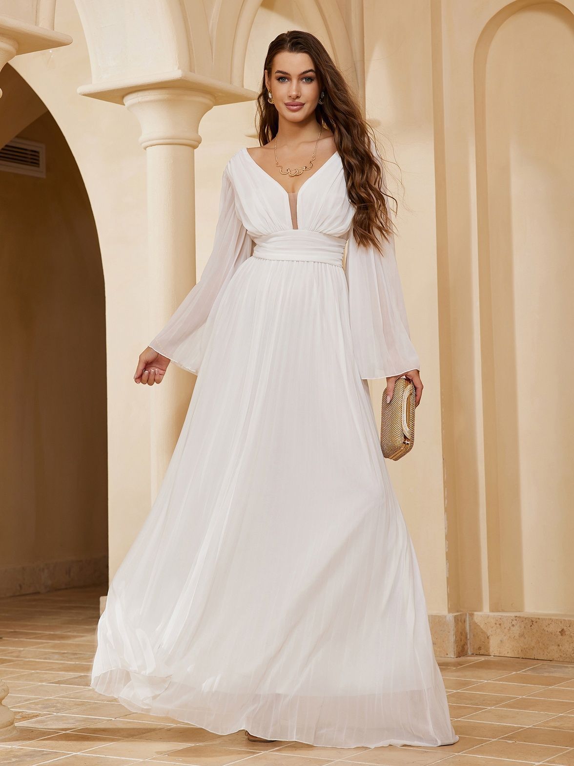 Robe de soirée longue élégante à col en V pour femme - Robe trapèze longue au sol avec volants, décolleté en V profond et manches longues pour banquet ou bal de fin d'année_voghion.com