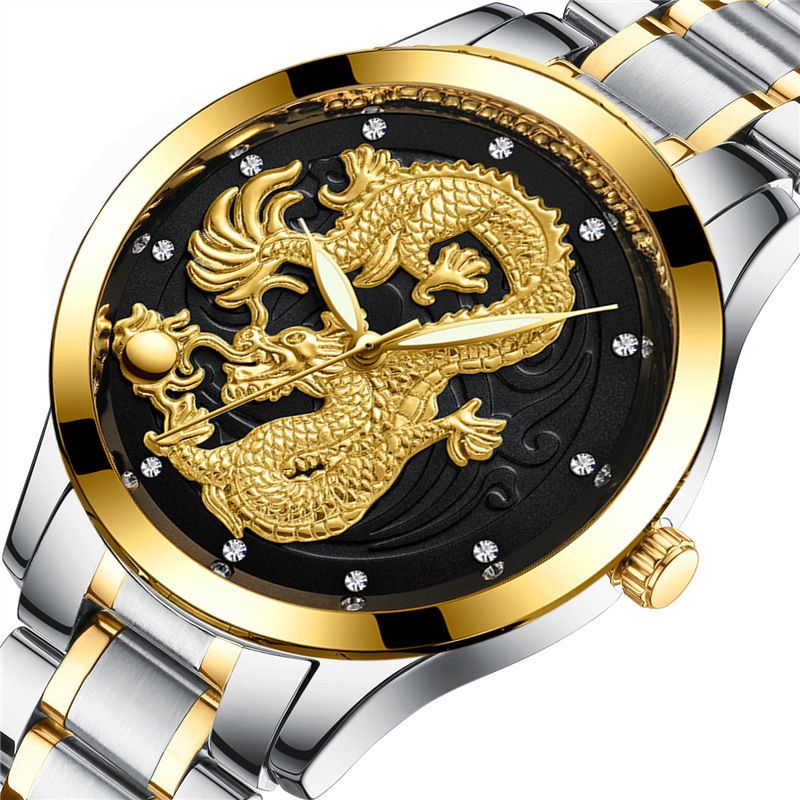 Orologio da uomo Feilang, non meccanico, impermeabile, luminoso, al quarzo, ultra sottile, con striscia di acciaio, orologio da uomo in oro con drago, moda_voghion.com