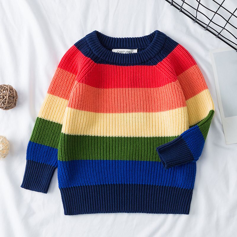 NewKidsBabyGirlsBoysSweaterAutumnWinterFullSleeveRainbowStripesPulloverSweaterToddlerChildrenKnitSweater_voghion.com