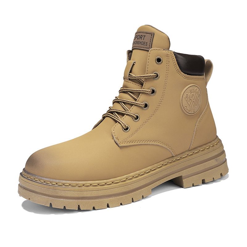 Rudens modes zābaki brīvā dabā Pārim ar augstu augšdaļu šņorējami lieli dzelteni zābaki, platformas, ikdienas retro motociklistu zābaki_voghion.com