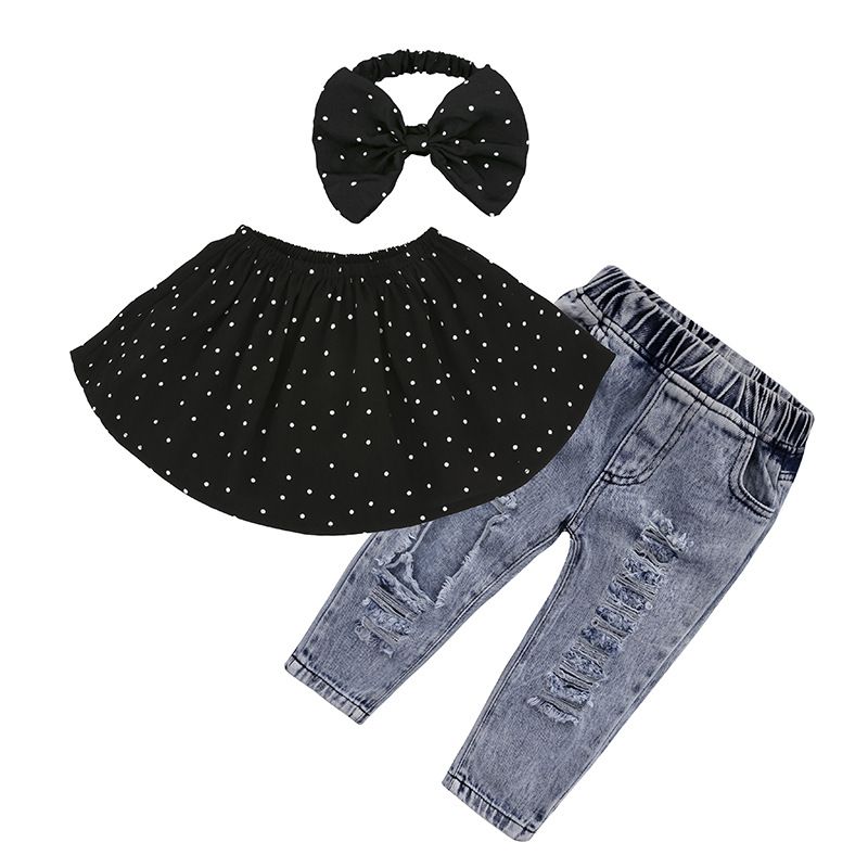 Småbarn Flickor Kläder Ins Flickor Svart Polka Dot Top Pannband Rippade jeans Tredelade Set_voghion.com