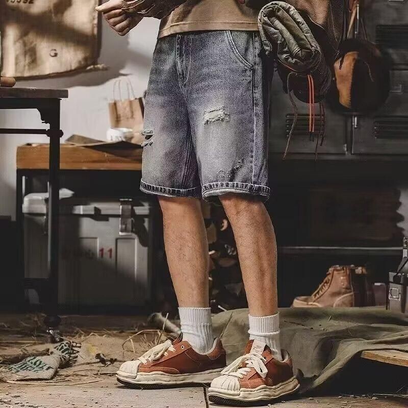 Abbigliamento da uomo, pantaloncini in denim strappato e lavato, pantaloni estivi da uomo, sottili e di media lunghezza, stile street, versatili, larghi e dritti, pantaloncini sportivi_voghion.com