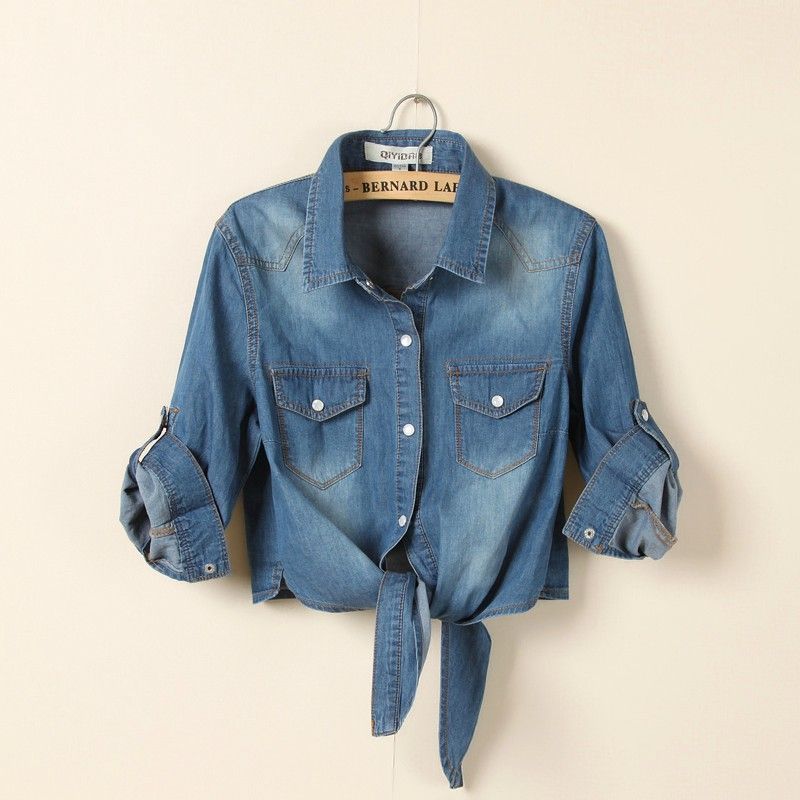 Camicia in denim in stile coreano con mantello staccabile - Top a maniche lunghe da donna con nodo sul davanti (S-3XL) | Camicetta casual boho chic_voghion.com