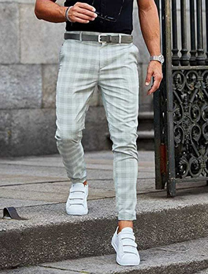 Pantaloni da completo casual da uomo, nuovi pantaloni lunghi microelastici a vita media con stampa a quadretti autunno/inverno_voghion.com