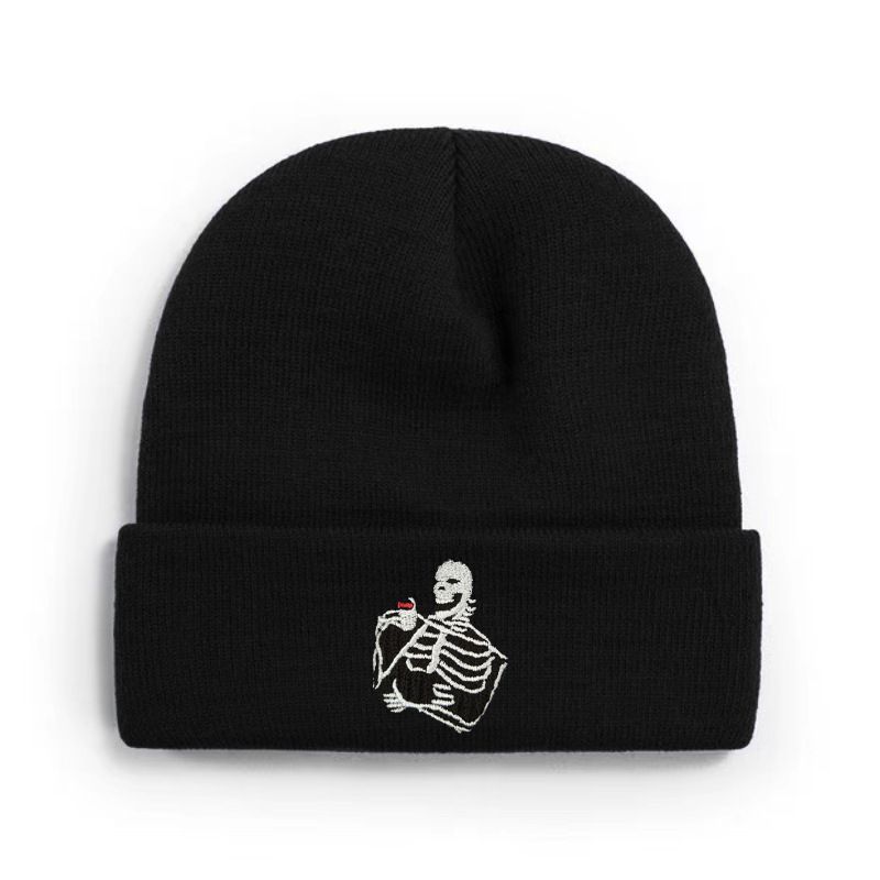 Embroidered Knitted Halloween Dark Series Personalized Skull Head Warm Double Layer Thickened Hat_voghion.com