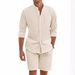 Herren Sommer Zweiteiler Set Baumwolle Leinen Bequemes Knopfhemd Langarm Shorts Strickjacke Einfache Lässige Strandmode_voghion.com