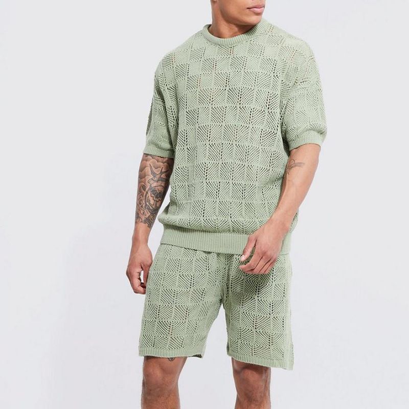 ​Men's Summer Casual Outfit Set - Breathable Short Sleeve Shirt & Loose Shorts For Teens & Adults (S-XXXL, Beige/Green)​_voghion.com