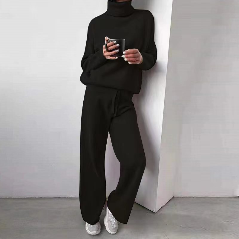 Women's turtleneck solid color splicing knitted two-piece set_voghion.com