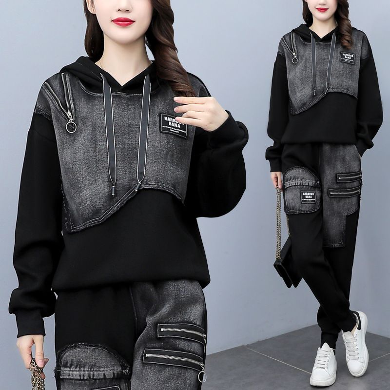 Women's Printed Denim Two-Piece Set - Long Sleeve Loose Fit Tunic & Skirt Outfit (Plus Size Available) - Spring Casual & Office Wear_voghion.com