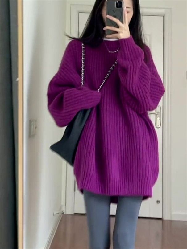 Pehme ja laisa lõikega draakonivilja värvi ümara kaelusega villane kleit naistele sügiseks ja talveks 2024, avar lõige_voghion.com