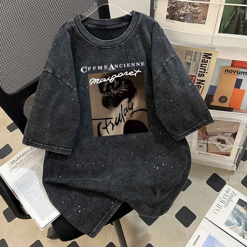 Women's Clothing Retro Washed Heavy Cotton Oversize Tops For Women American High Street Washed Distressed Starry Sky Short Sleeved T Shirt_voghion.com