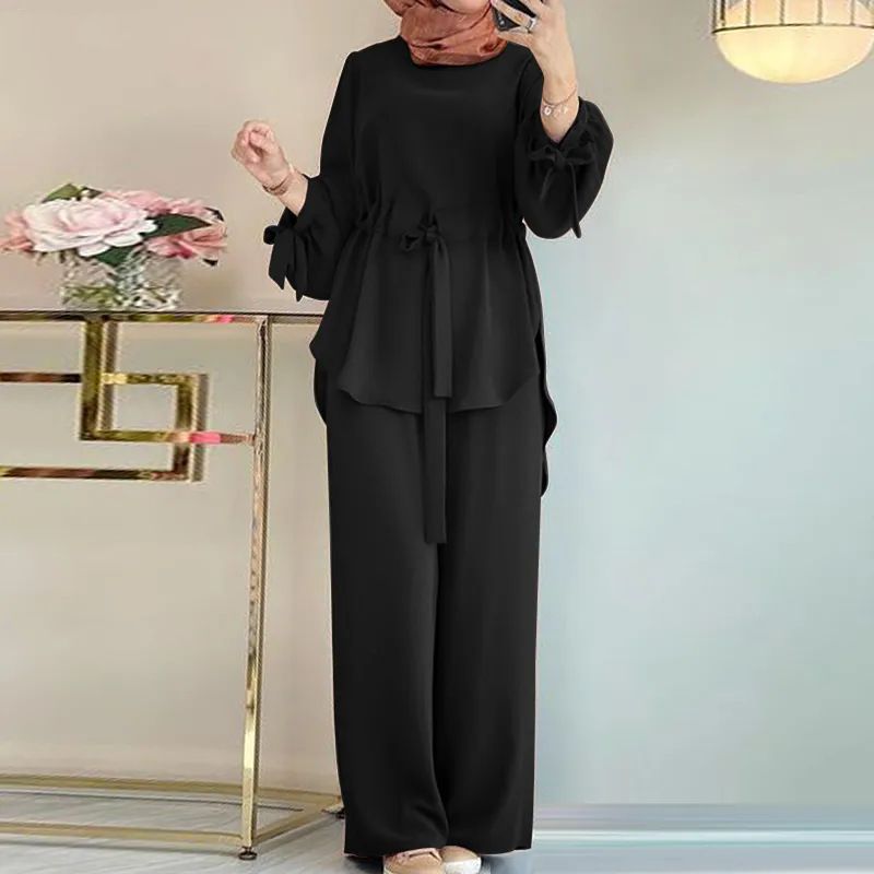 H730 Muslim Women's Solid Color Drawstring Tie Two-Piece Set Round Neck Top Wide-Leg Pants Elegant Ladies Suit_voghion.com