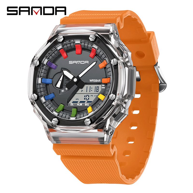 Unisex Octagonal Transparent Digital Analog Watch With Multifunction – 50M Waterproof, Luminous, World Time & 5 Alarms_voghion.com