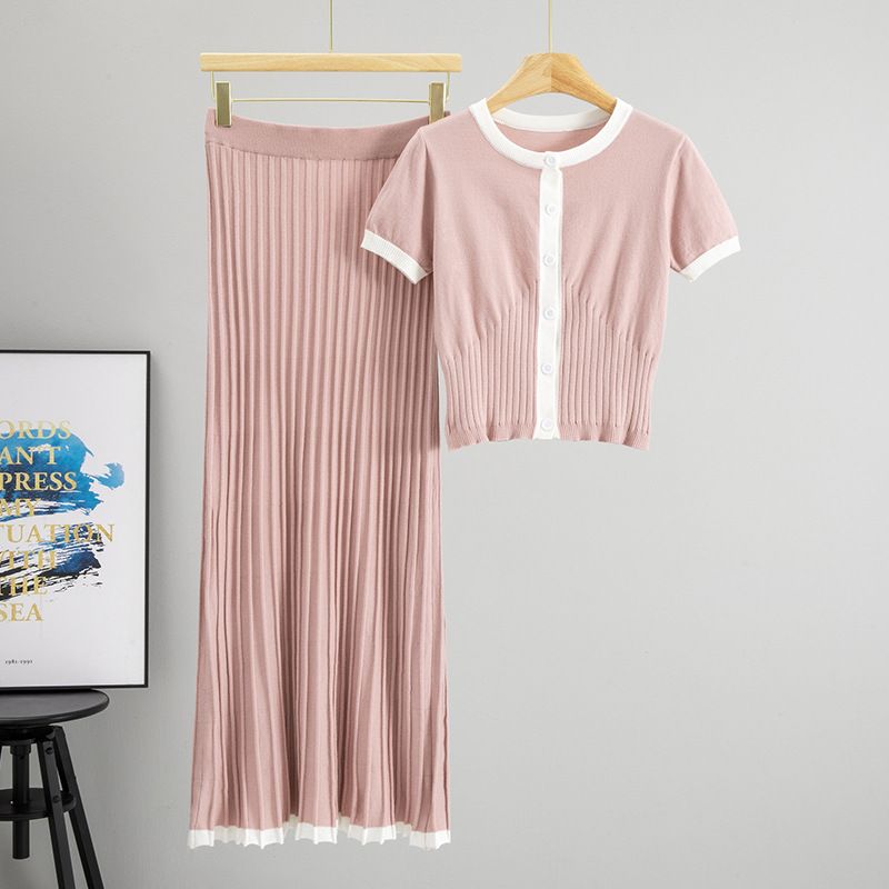 Women's Clothing Temperament Round Neck Short Sleeve Elegant Round Neck Short Sleeve Slimming Knit Cardigan & Long Skirt Two-Piece Set For Women​_voghion.com